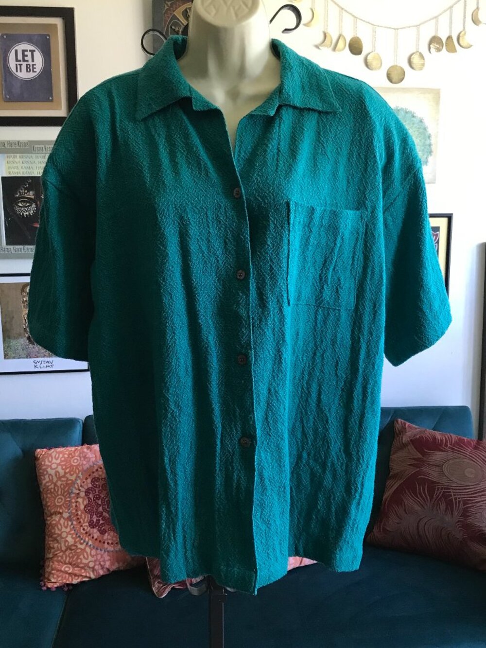 TOOFAN size M Oversized Textured Cotton Gauze Button Front Shirt Jade Green NWT